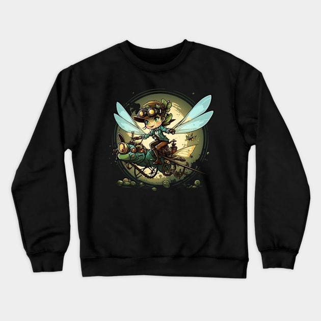 Steampunk Battle Fairy Riding a Dragonfly Crewneck Sweatshirt by ForbiddenGeek